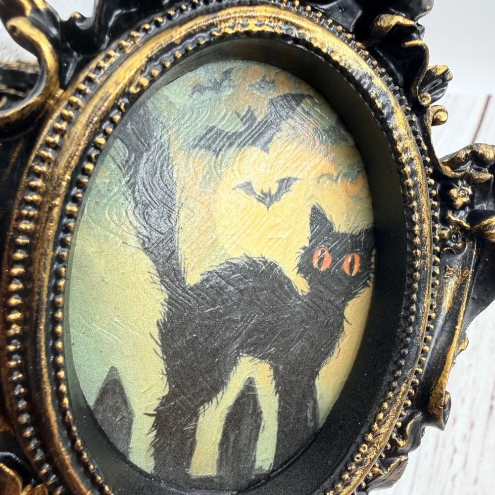 Gothic Black Cat Halloween Miniature Frame Gold Black Resin Decor 4.75in